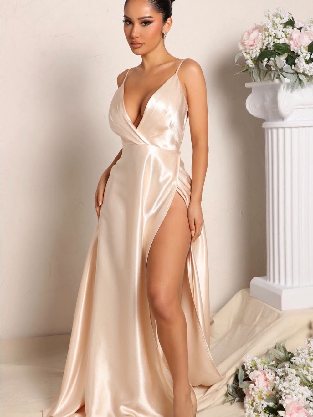 Fashion Nova Champagne Satin Plunge Evening Gown